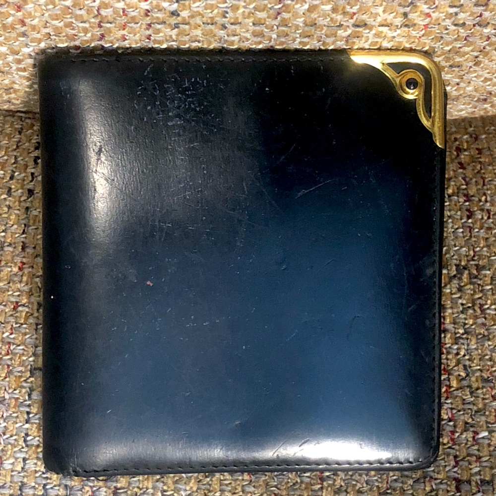 CARTIER Black Leather Sapphire Gold Bifold Wallet Coin Pocket Made In France